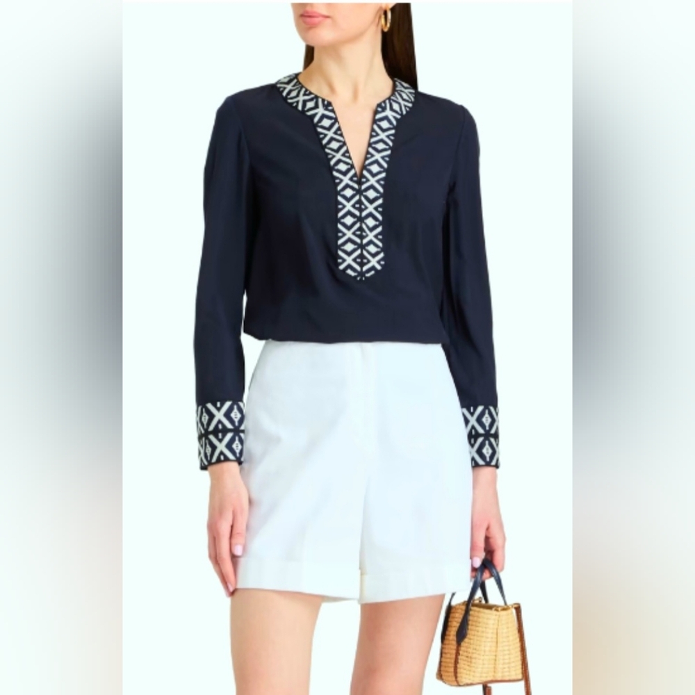 Tory Burch Embroidered Sleeve and Collar Tunic Size 0 Navy Color